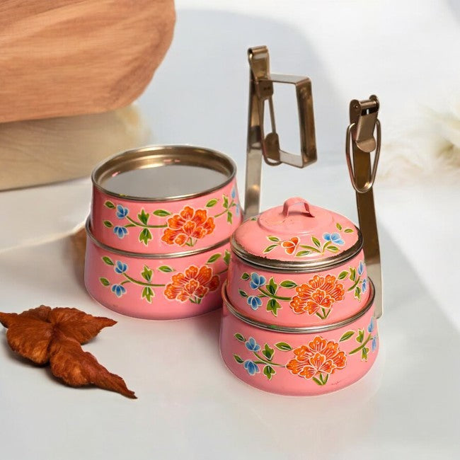Hand Painted 4 Tier Steel tiffin Box -Pink