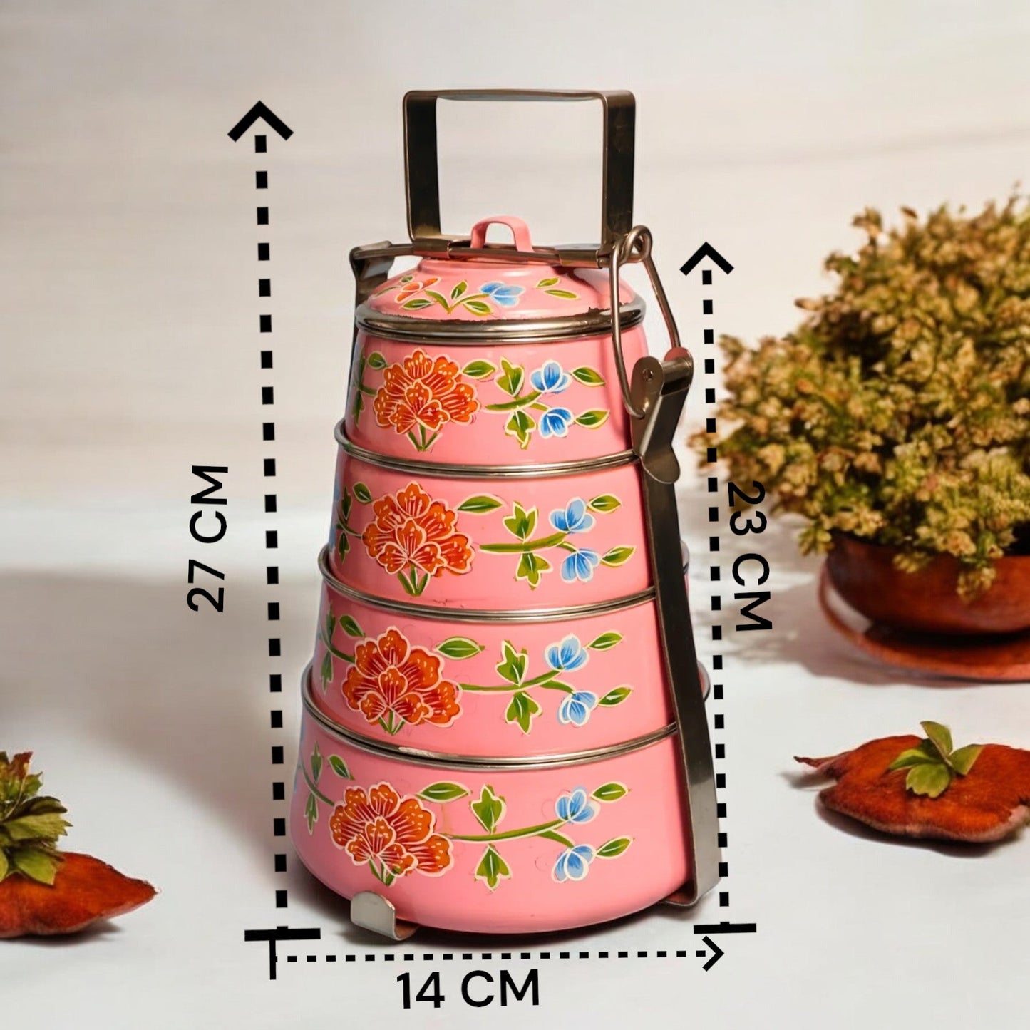 Hand Painted 4 Tier Steel tiffin Box -Pink