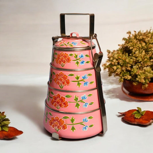 Hand Painted 4 Tier Steel tiffin Box -Pink
