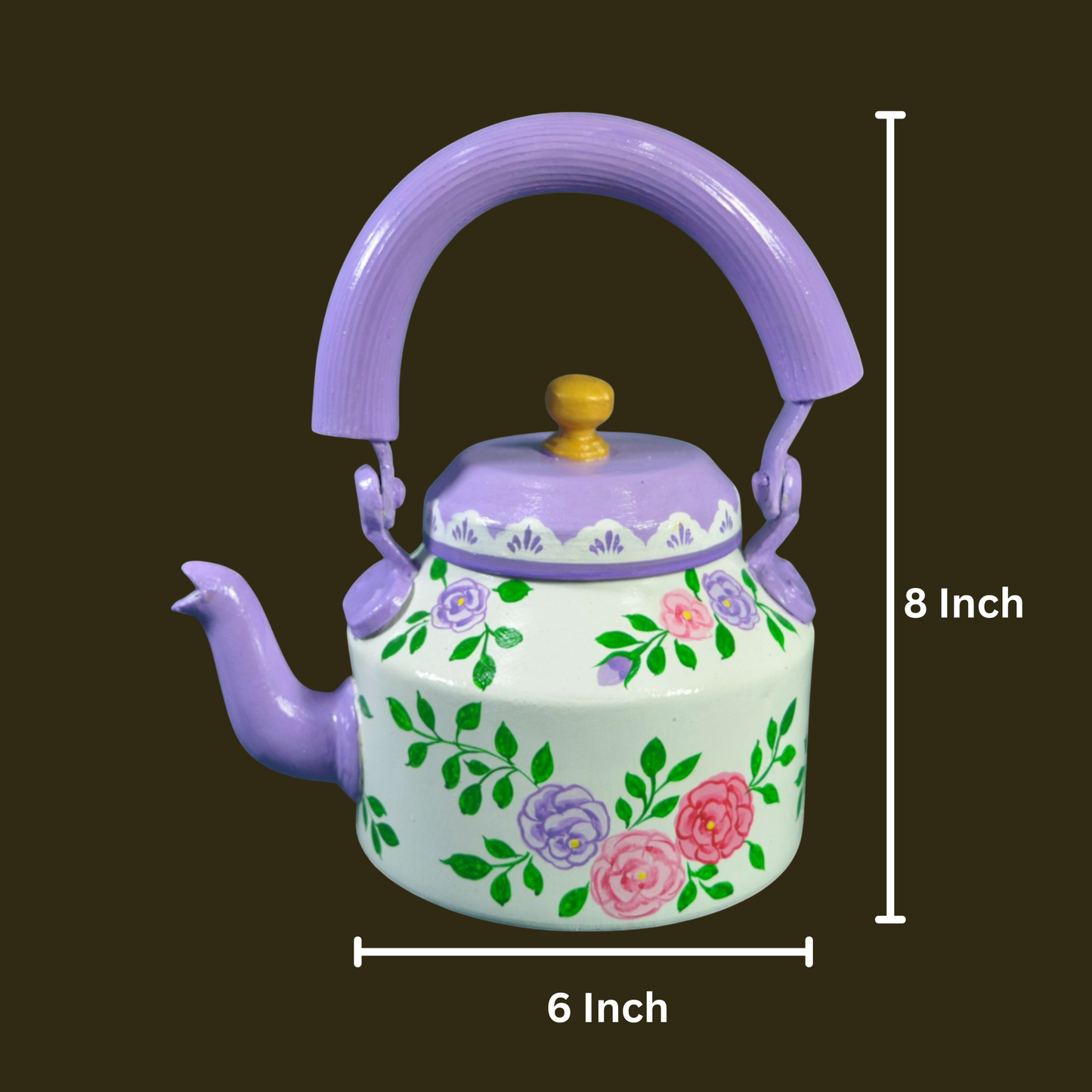 Hand Painted Aluminum Flower Tea Kettle With Wooden Troly Glass Set