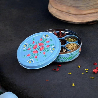 Hand Painted Spice Box With 7 Compartments-Blue