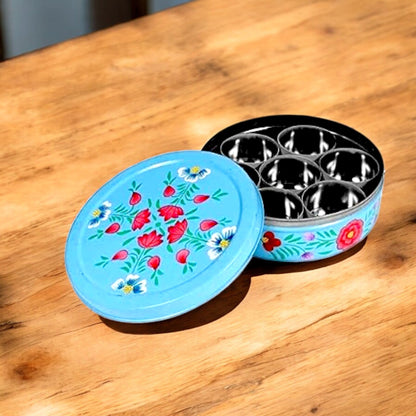 Hand Painted Spice Box With 7 Compartments-Blue