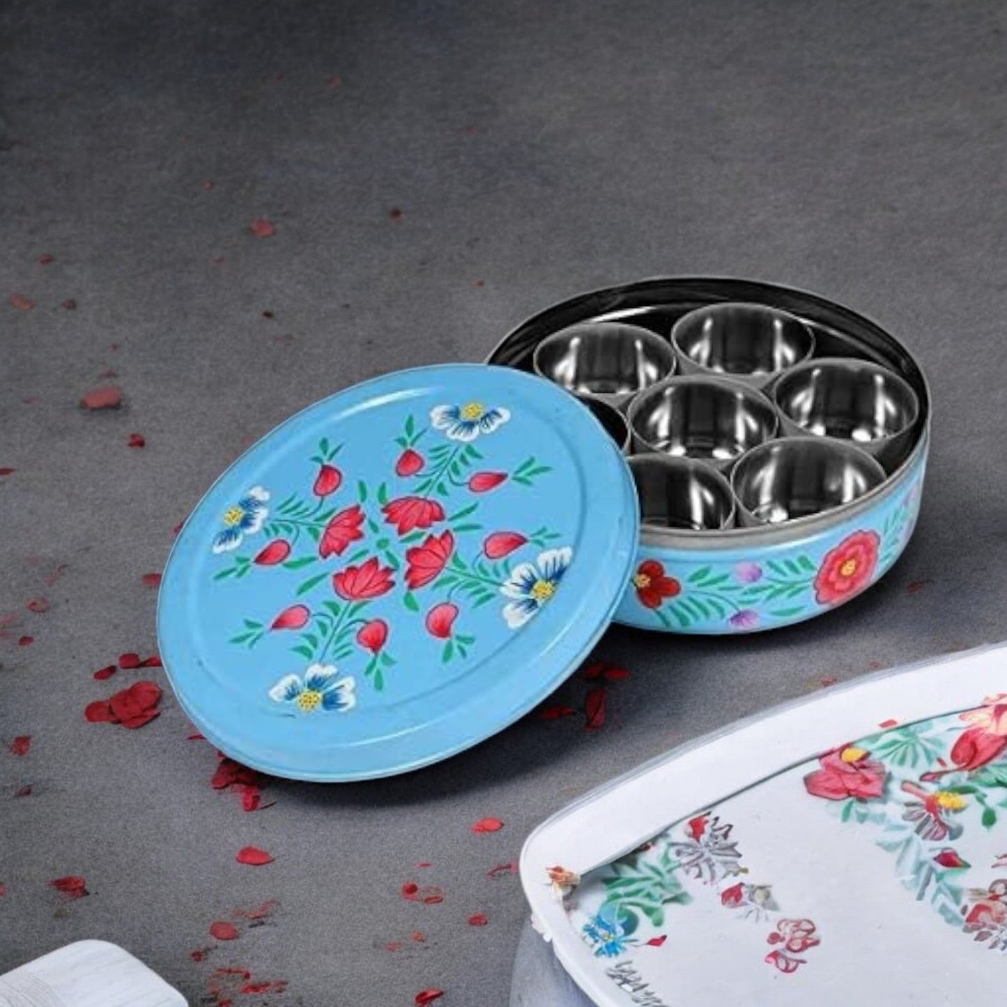 Hand Painted Spice Box With 7 Compartments-Blue