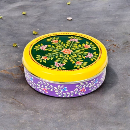 Hand Painted Spice Box With 7 Compartments-Green And Purple