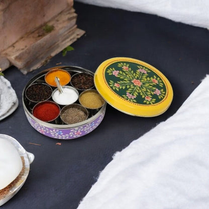 Hand Painted Spice Box With 7 Compartments-Green And Purple
