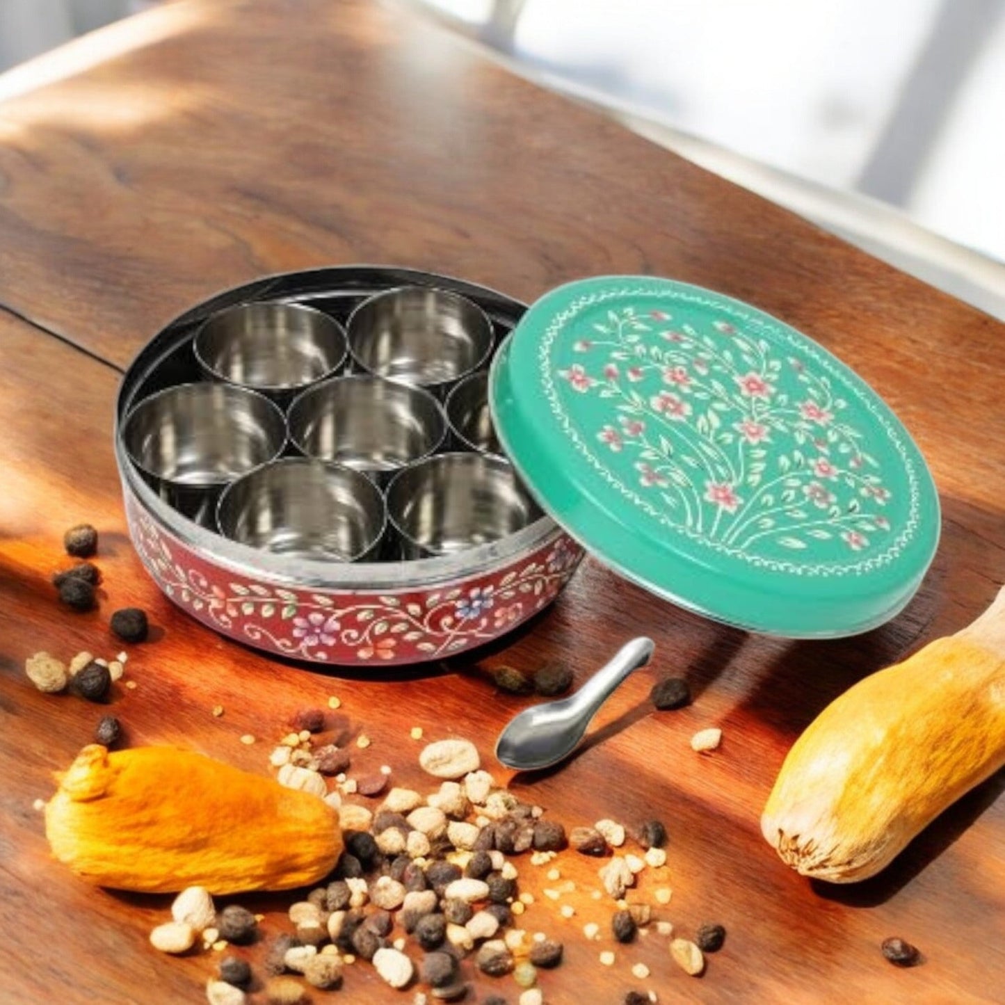 Hand Painted Spice Box With 7 Compartments-Green And Red