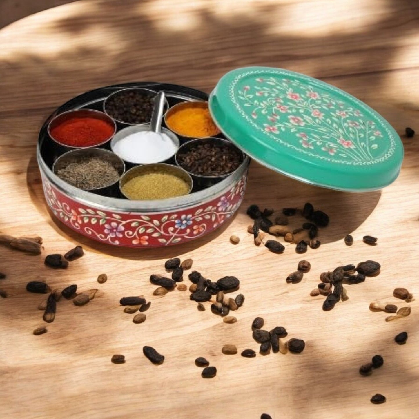 Hand Painted Spice Box With 7 Compartments-Green And Red