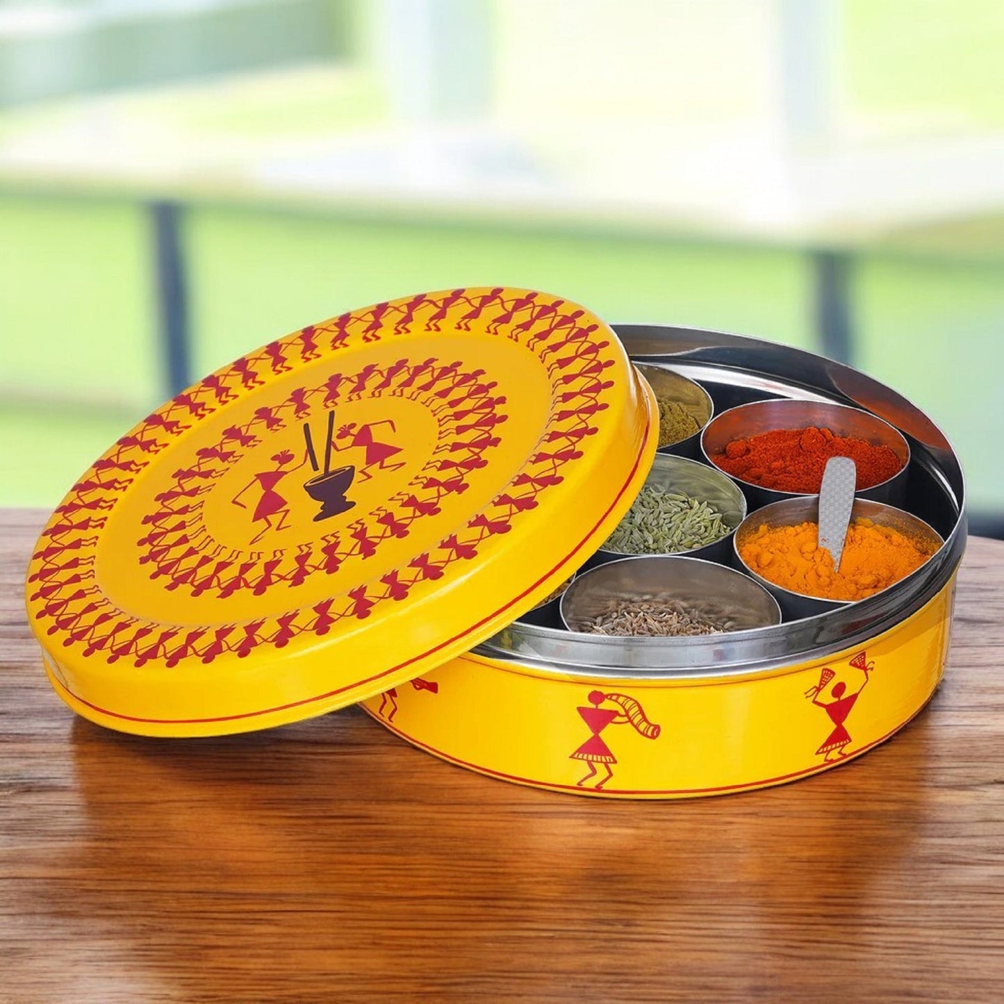 Hand Painted Spice Box With 7 Compartments-Yellow