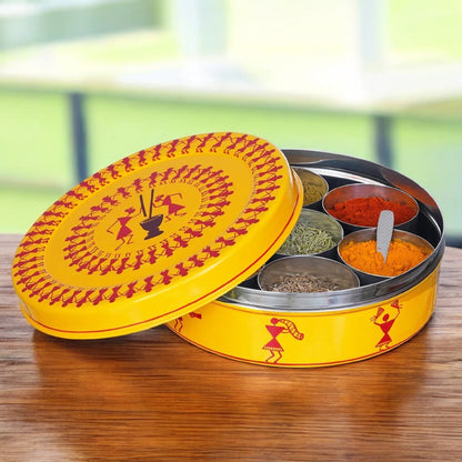 Hand Painted Spice Box With 7 Compartments-Yellow
