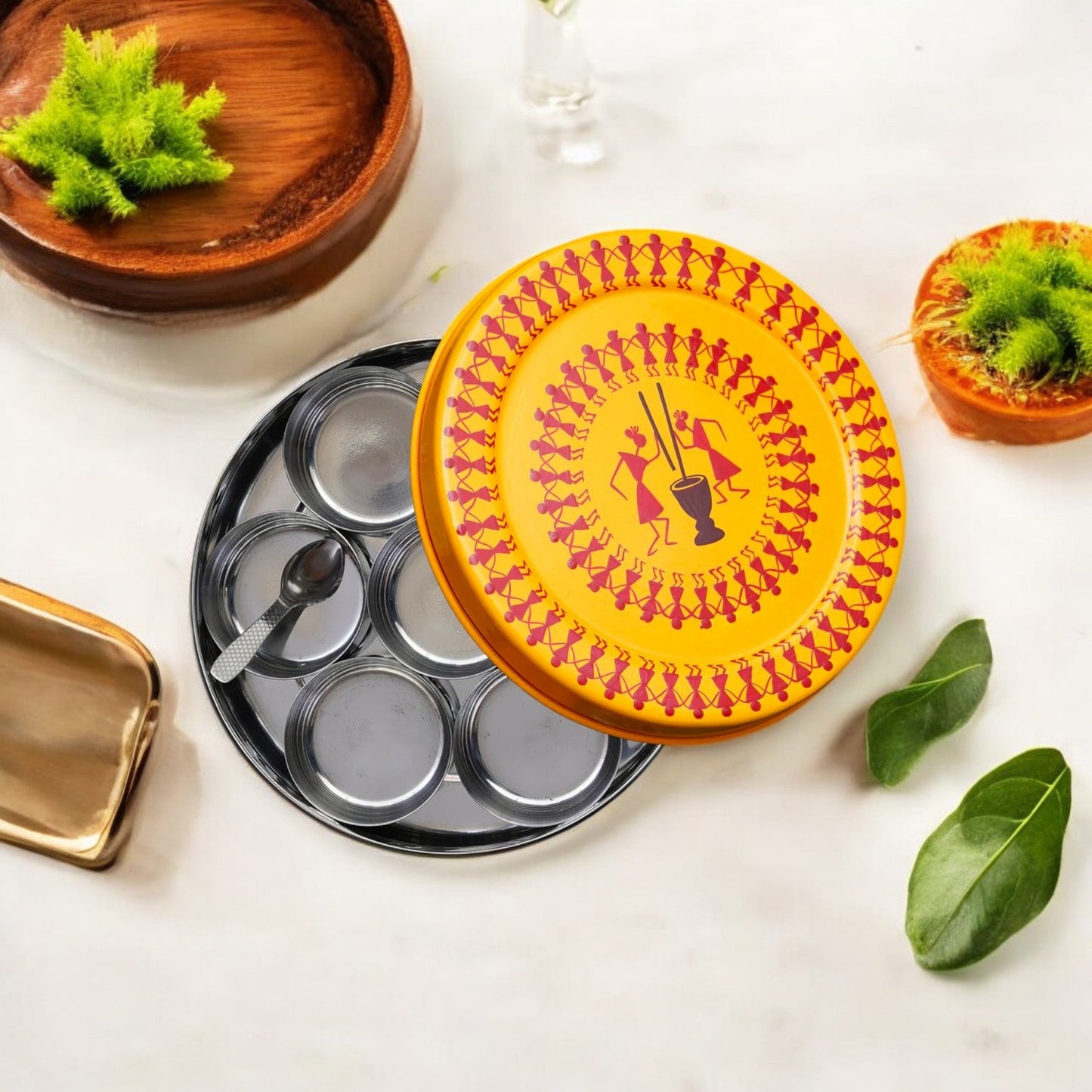 Hand Painted Spice Box With 7 Compartments-Yellow