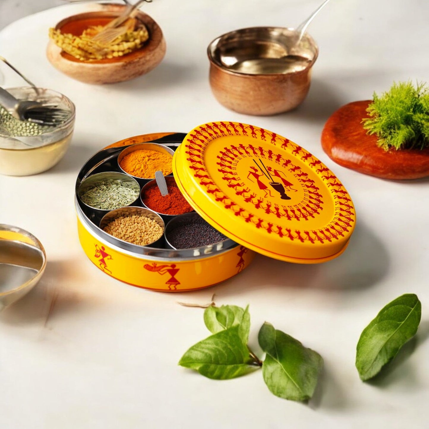 Hand Painted Spice Box With 7 Compartments-Yellow