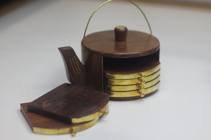 Unique Arts Kettle Shape Coaster Set of Kitchen and Dining Table / Coffee Table - Set of 6 Round Handicraft with Brass Decor Cattle Shape