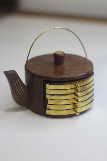 Unique Arts Kettle Shape Coaster Set of Kitchen and Dining Table / Coffee Table - Set of 6 Round Handicraft with Brass Decor Cattle Shape