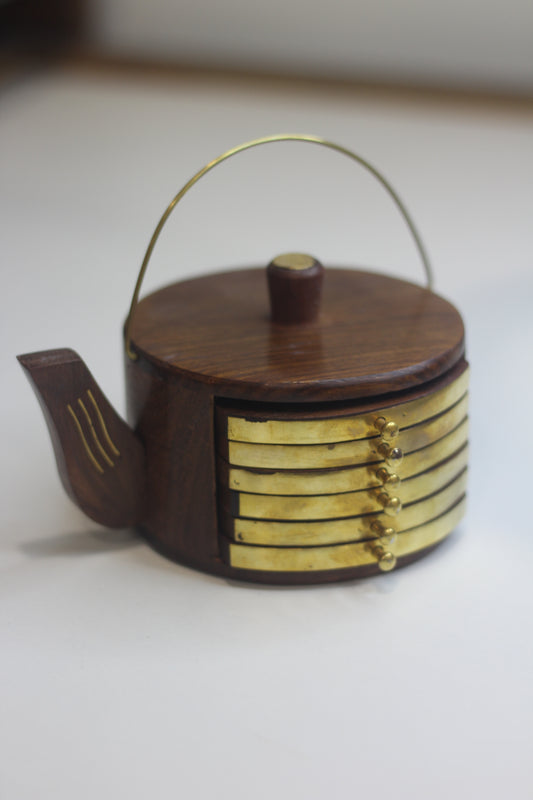 Unique Arts Kettle Shape Coaster Set of Kitchen and Dining Table / Coffee Table - Set of 6 Round Handicraft with Brass Decor Cattle Shape