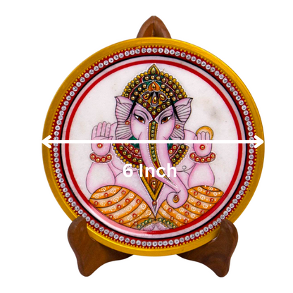 Marbel Round Ganesh Plate With Wood Stand