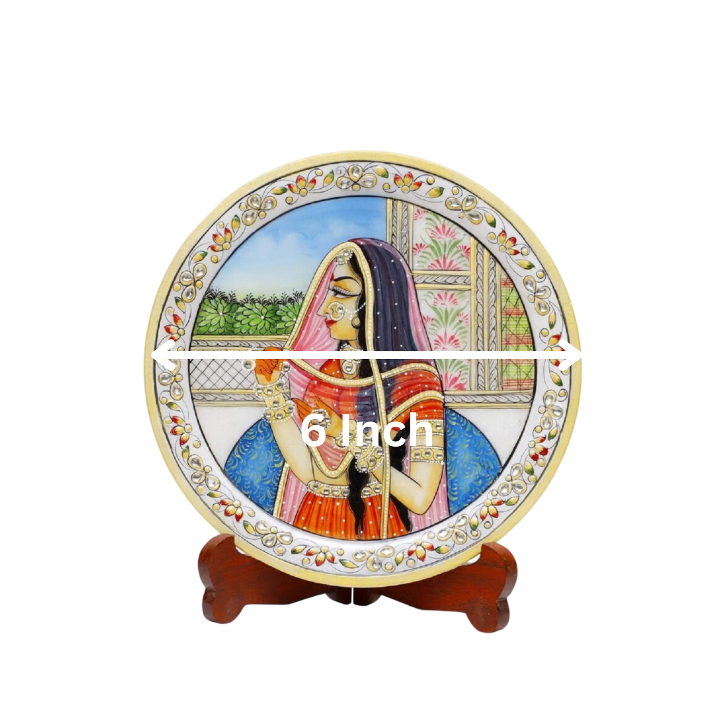 Marbel Round Mugal Lady Plate With Wood Stand