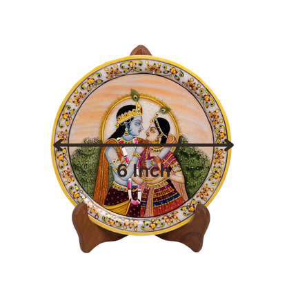 Marbel Round Radha Krishan Plate With Wood Stand