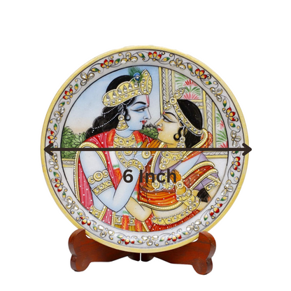 Marbel Round Radha Krishan Plate With Wood Stand