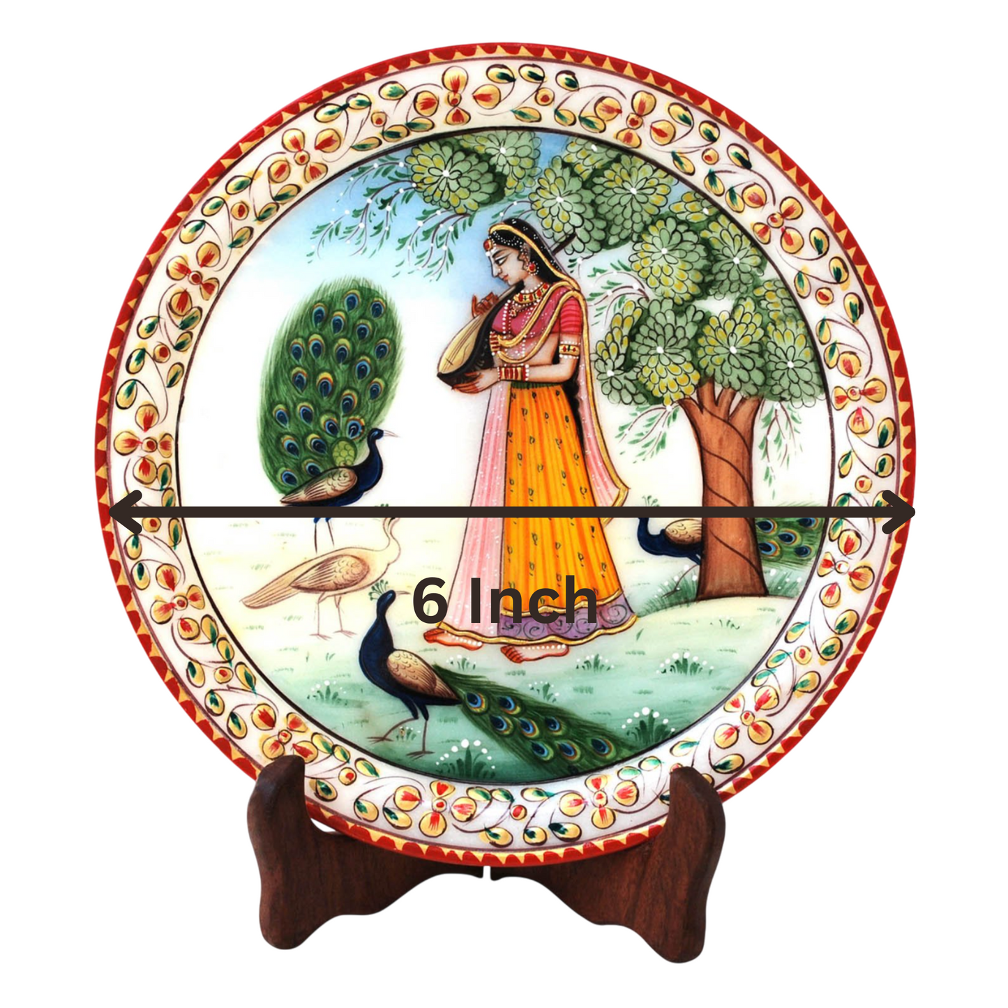 Marbel Round Ragini With Peocock Plate With Wood Stand