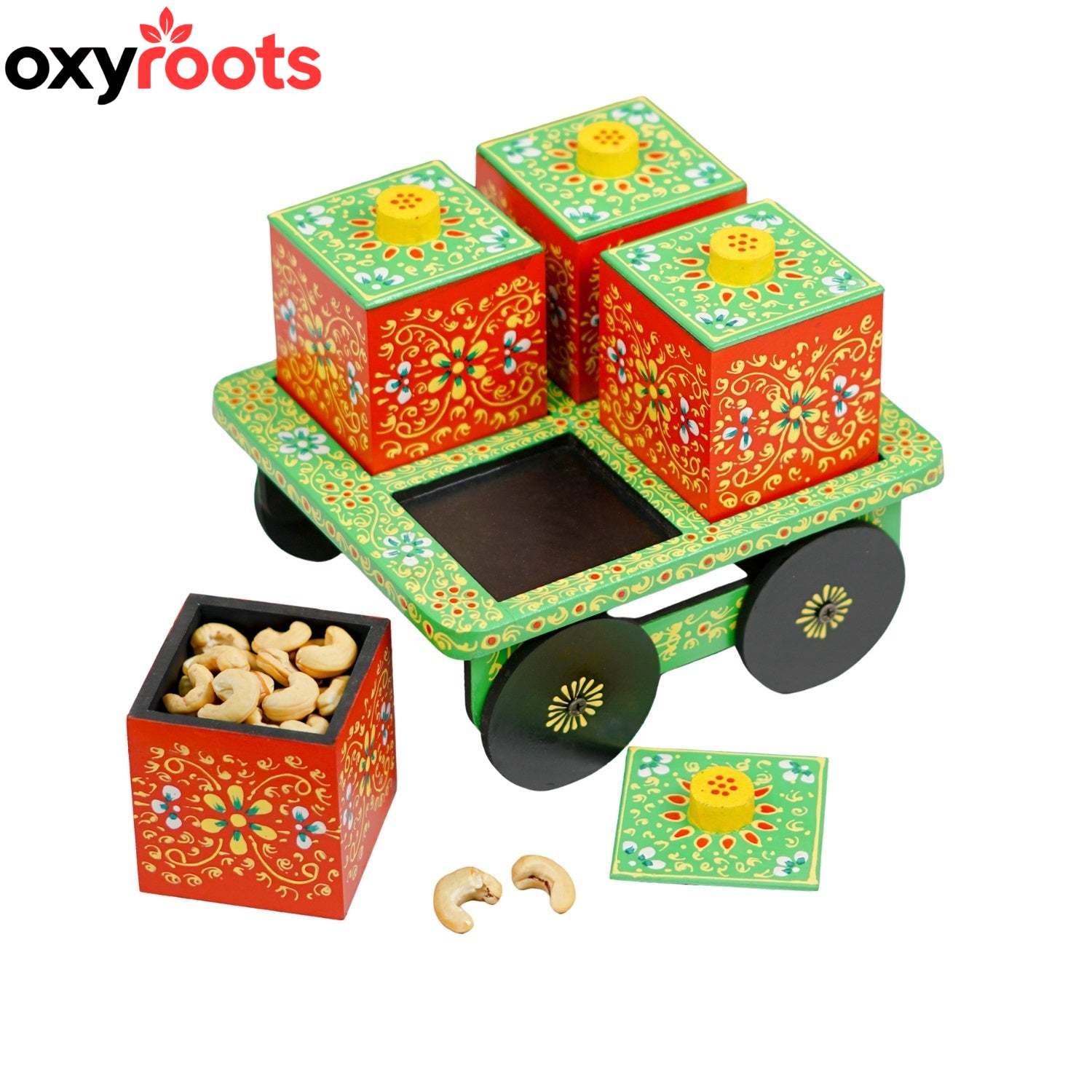 Dry Fruit Box Set of 4 With Trolley Cart - Green