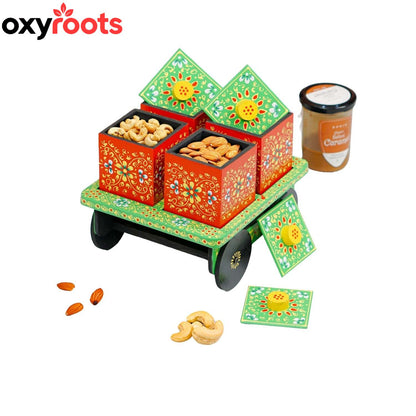 Dry Fruit Box Set of 4 With Trolley Cart - Green