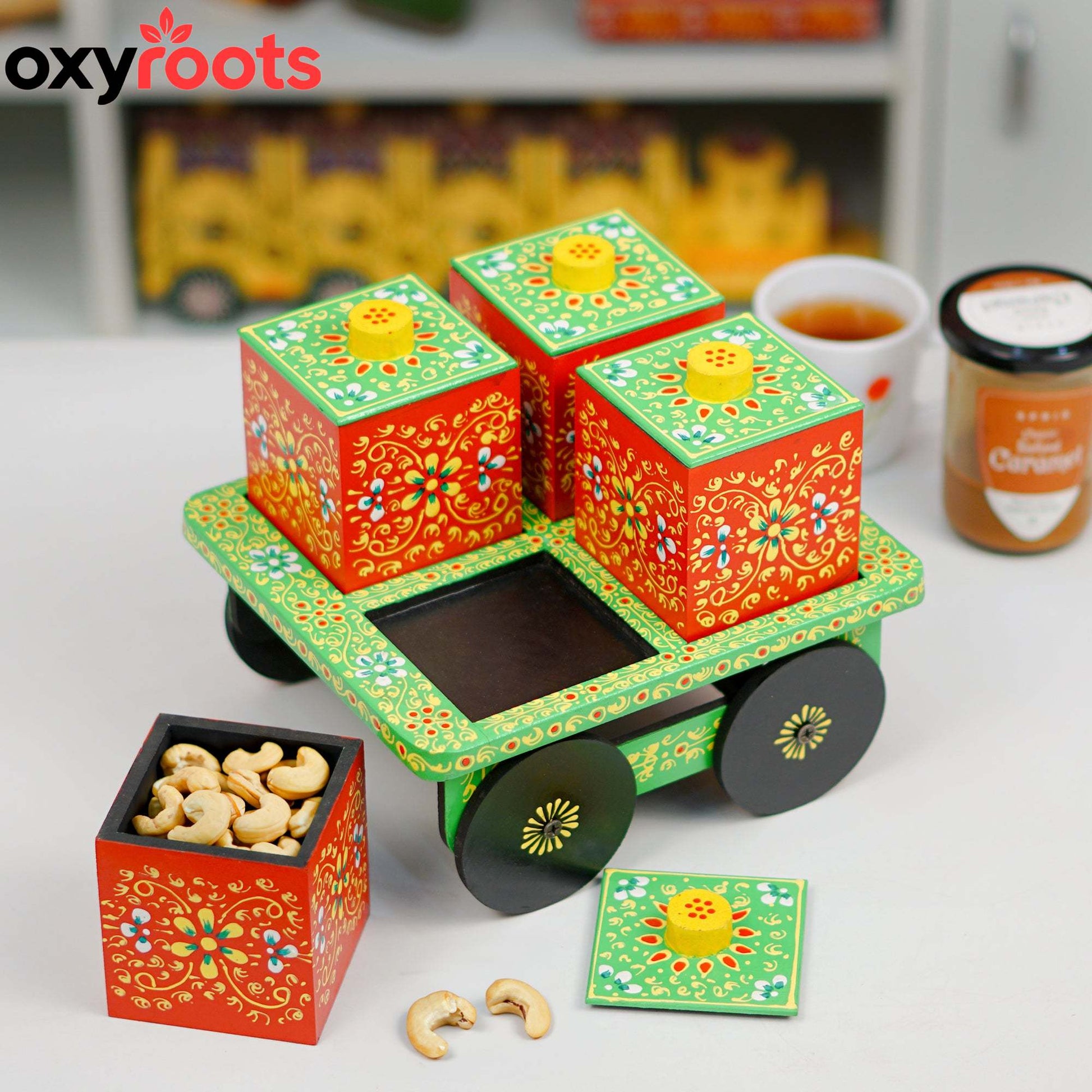 Dry Fruit Box Set of 4 With Trolley Cart - Green