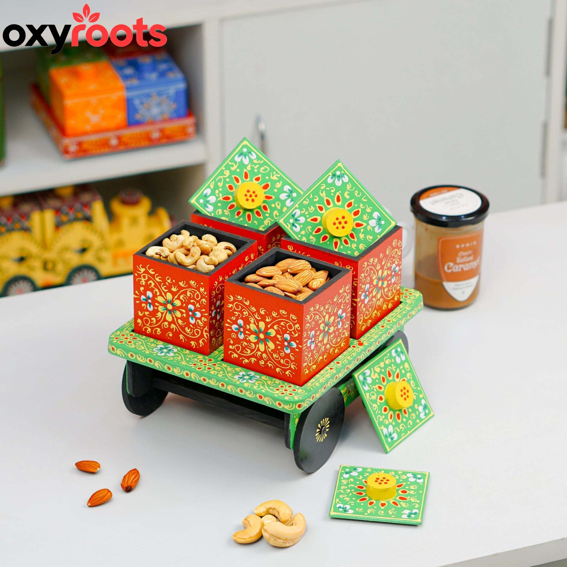 Dry Fruit Box Set of 4 With Trolley Cart - Green