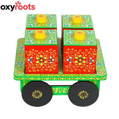 Dry Fruit Box Set of 4 With Trolley Cart - Green