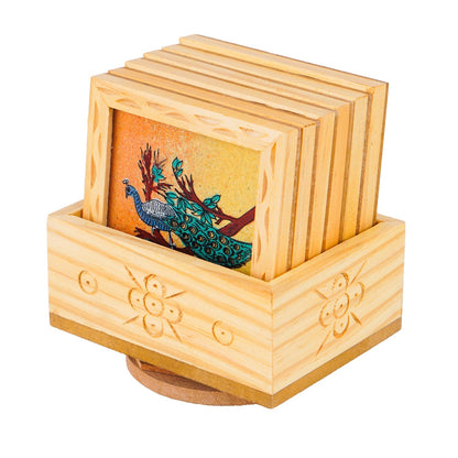Peacock Gemstone Painted Tea Coasters 6 Pcs Set
