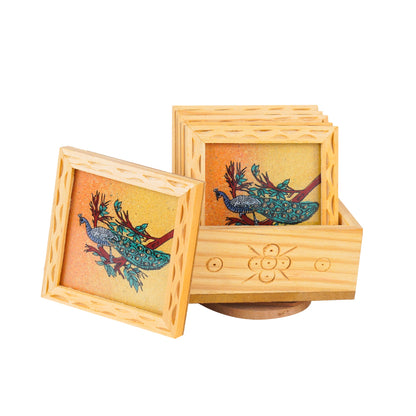 Peacock Gemstone Painted Tea Coasters 6 Pcs Set