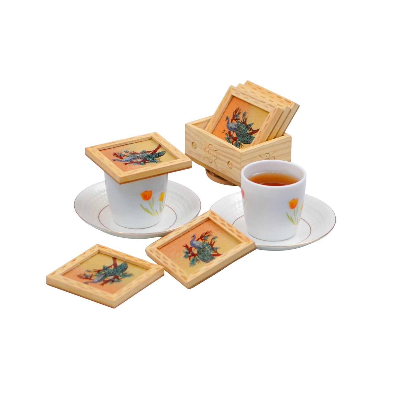 Peacock Gemstone Painted Tea Coasters 6 Pcs Set
