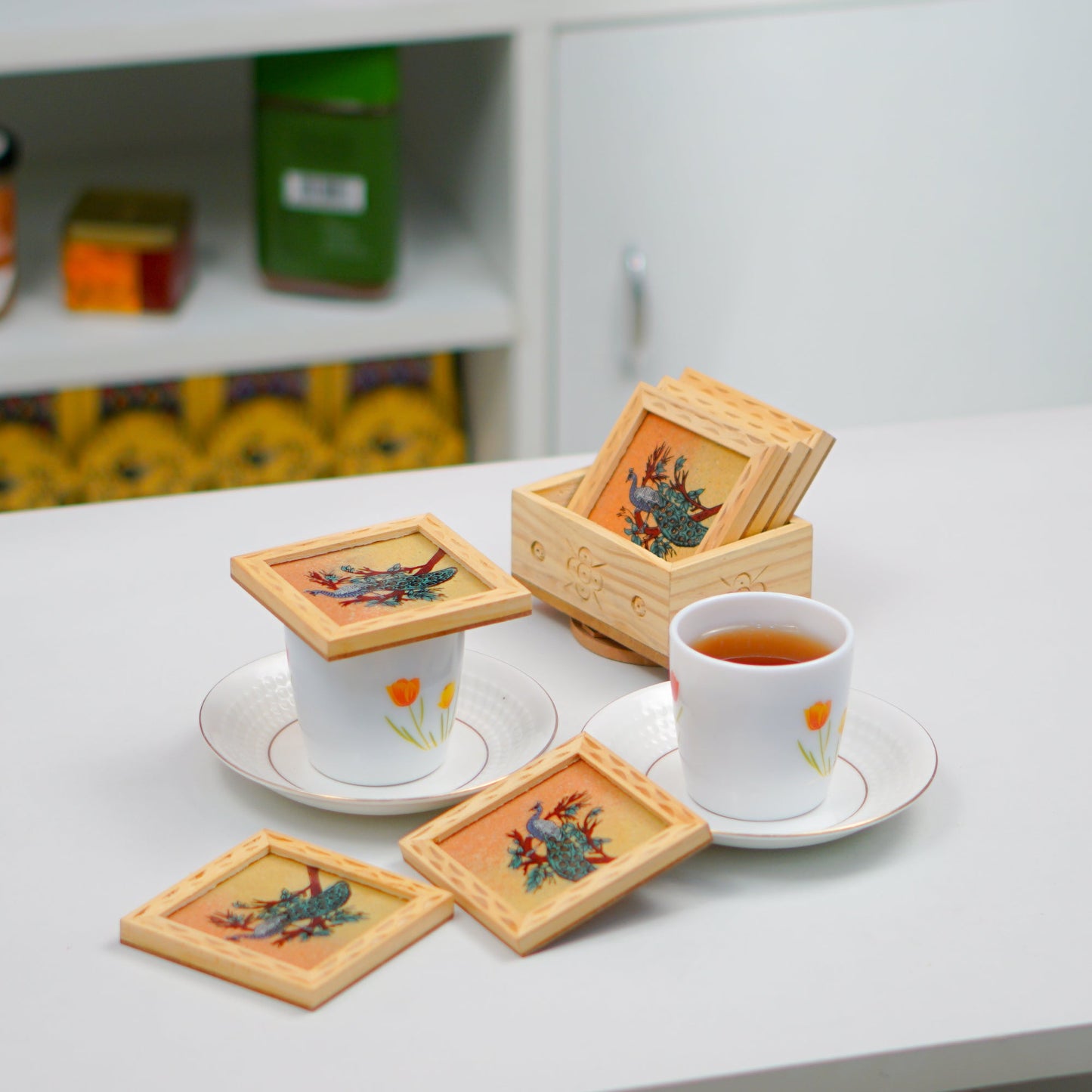 Peacock Gemstone Painted Tea Coasters 6 Pcs Set