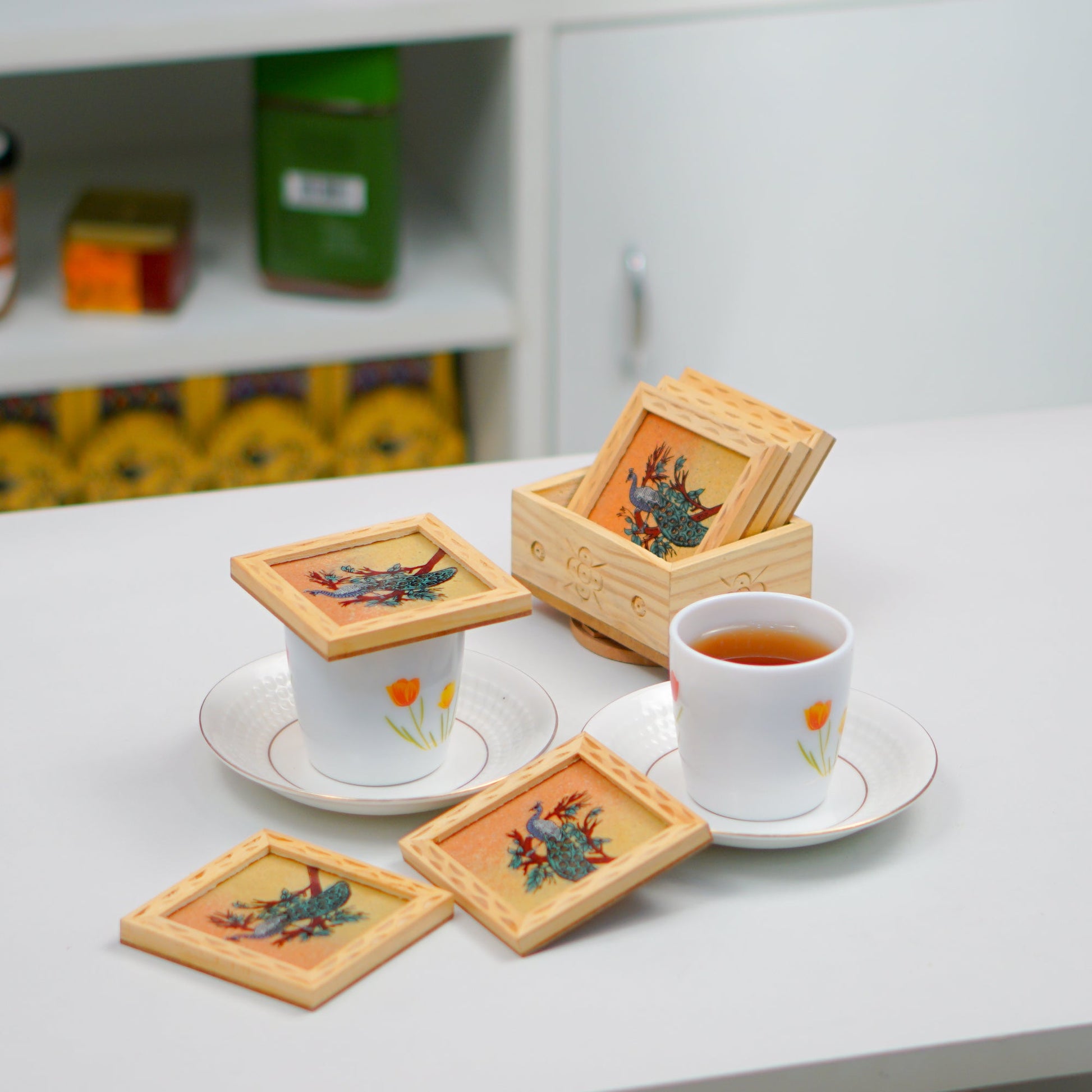 Peacock Gemstone Painted Tea Coasters 6 Pcs Set