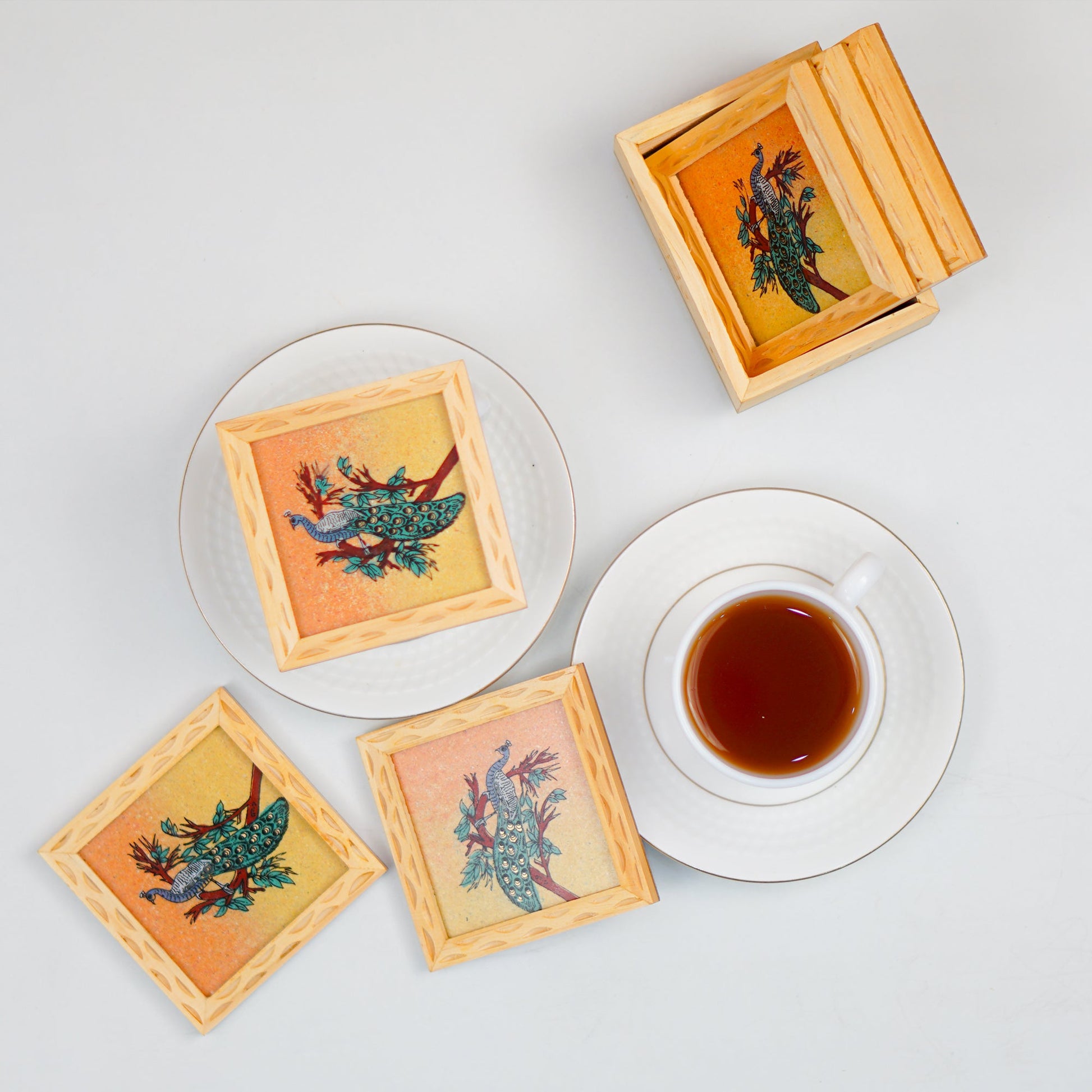 Peacock Gemstone Painted Tea Coasters 6 Pcs Set