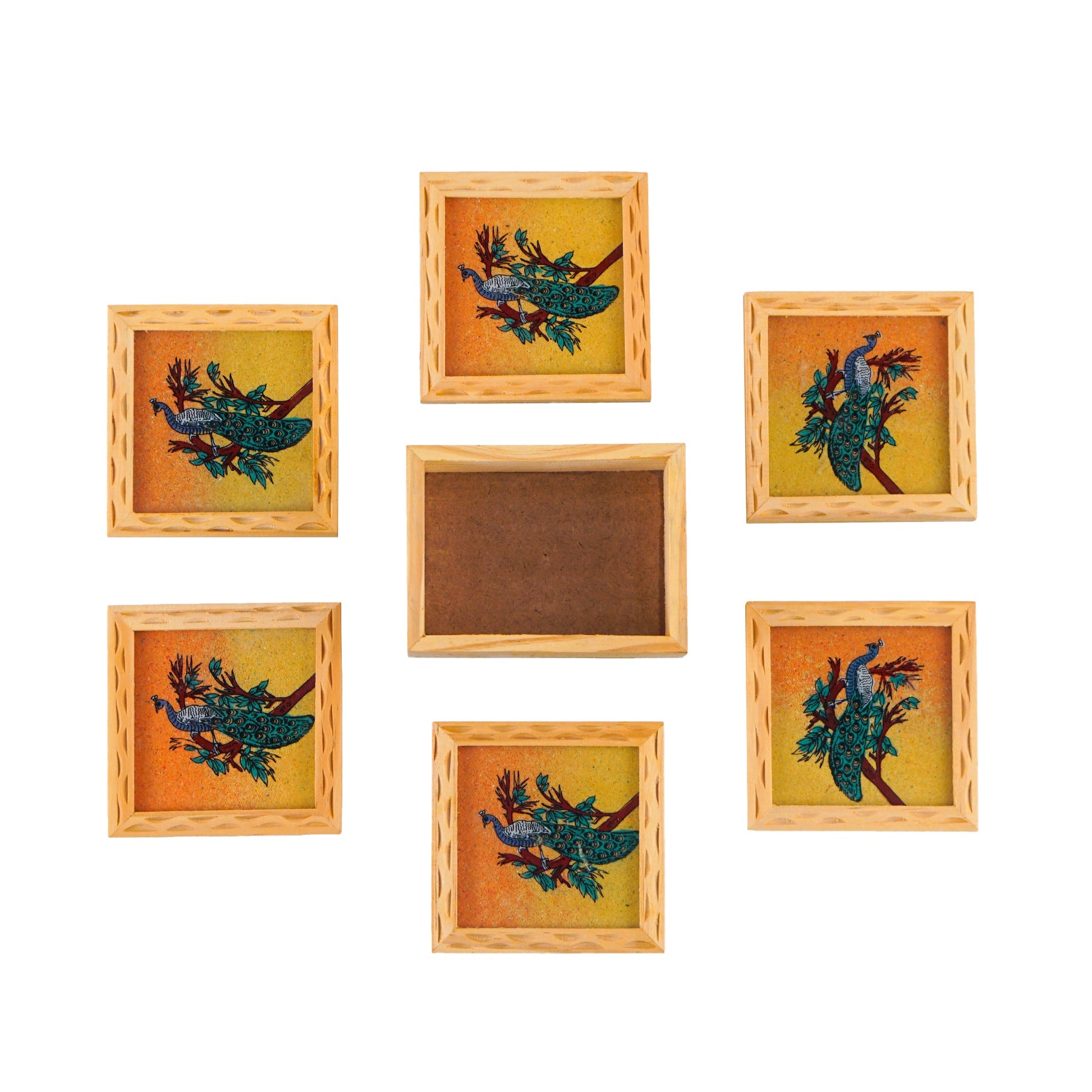 Peacock Gemstone Painted Tea Coasters 6 Pcs Set