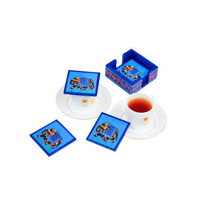 Elephant Hand Painted Tea Coasters 4 Pcs Set - Blue