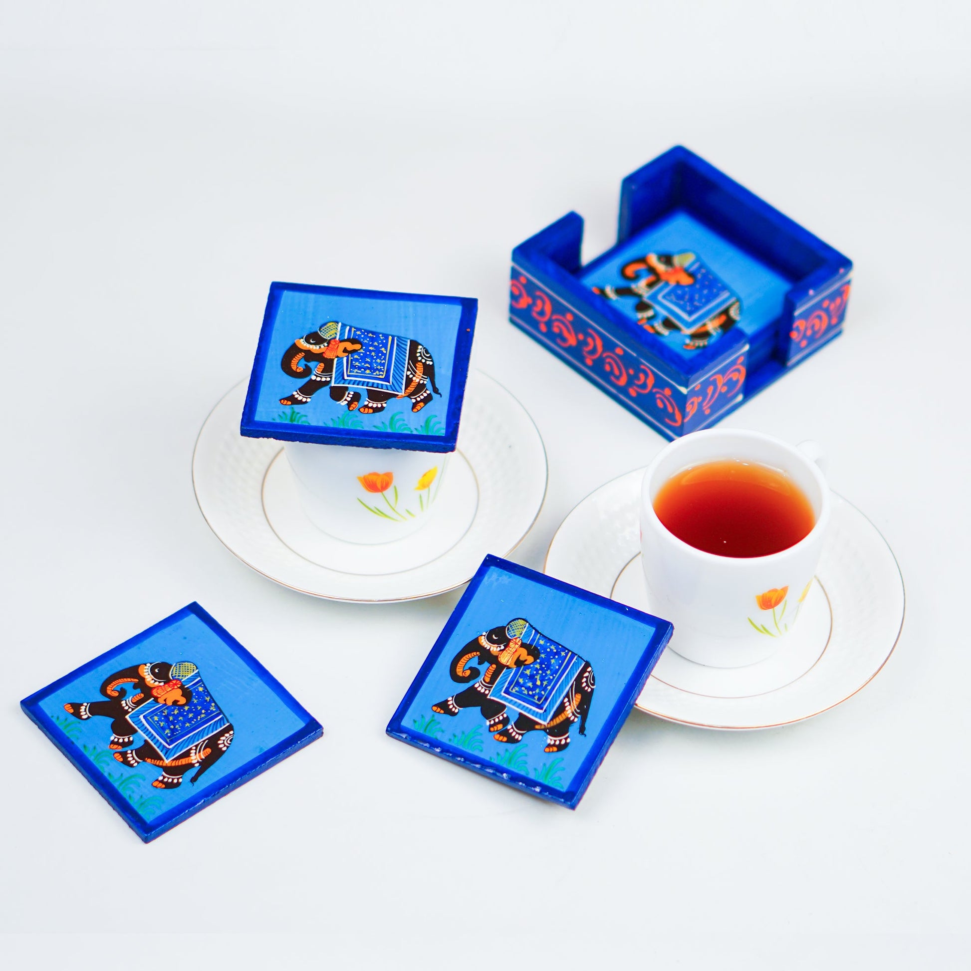 Elephant Hand Painted Tea Coasters 4 Pcs Set - Blue