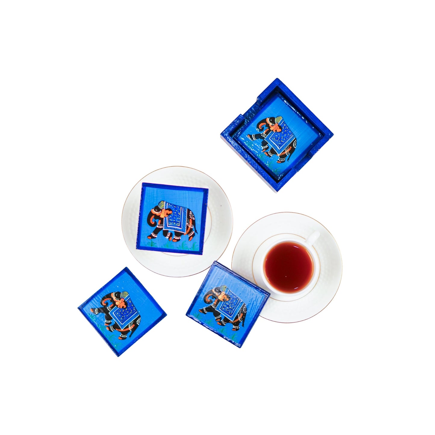 Elephant Hand Painted Tea Coasters 4 Pcs Set - Blue