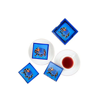 Elephant Hand Painted Tea Coasters 4 Pcs Set - Blue
