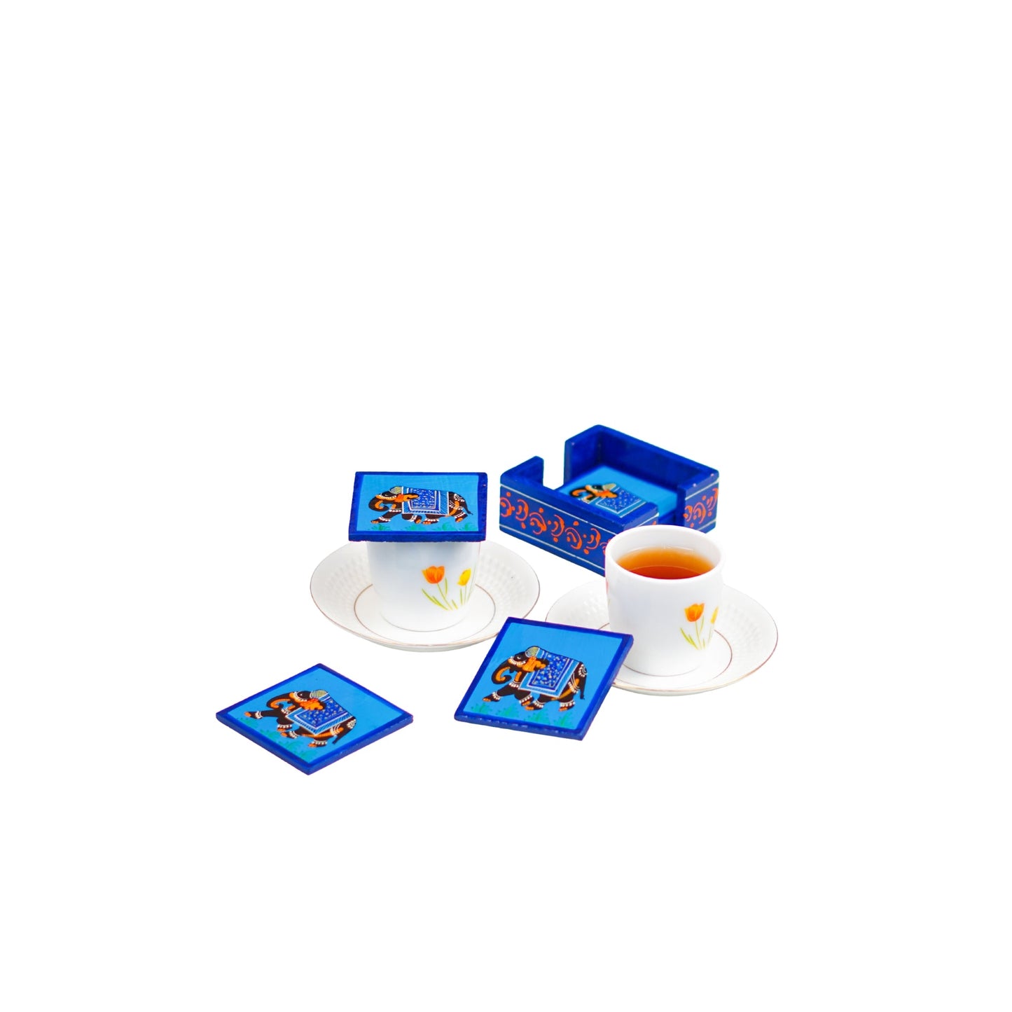 Elephant Hand Painted Tea Coasters 4 Pcs Set - Blue
