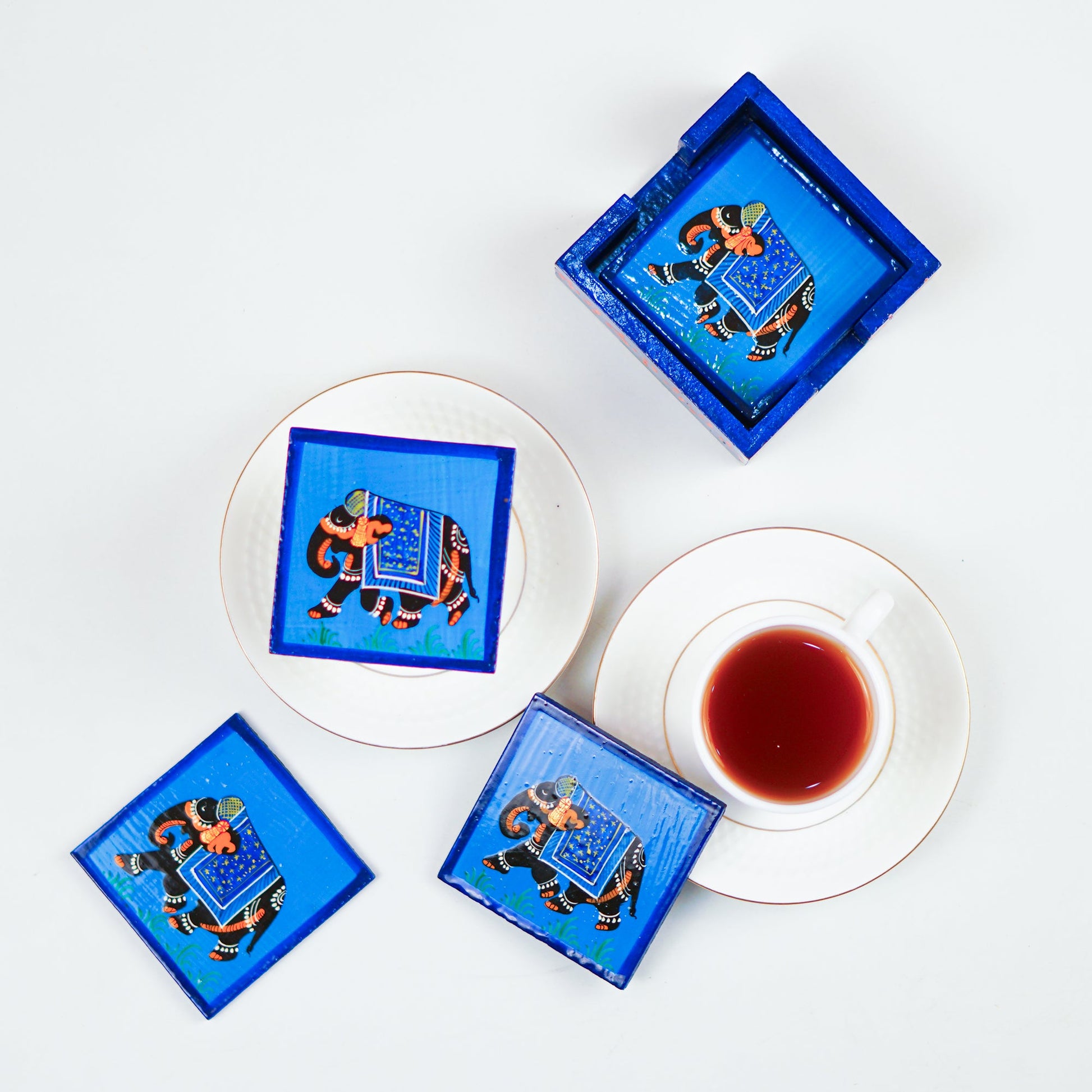Elephant Hand Painted Tea Coasters 4 Pcs Set - Blue
