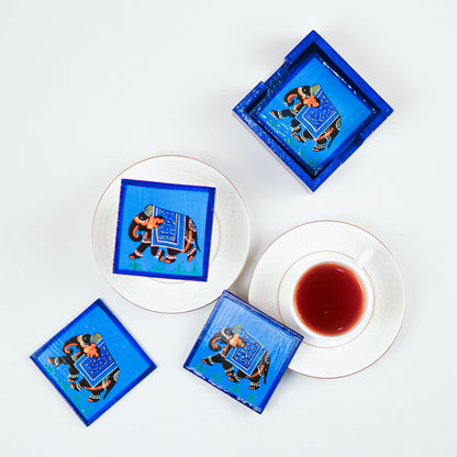 Elephant Hand Painted Tea Coasters 4 Pcs Set - Blue