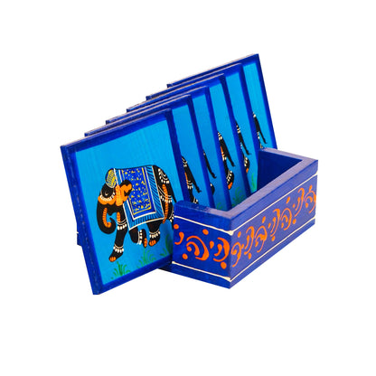 Elephant Hand Painted Tea Coasters 4 Pcs Set - Blue
