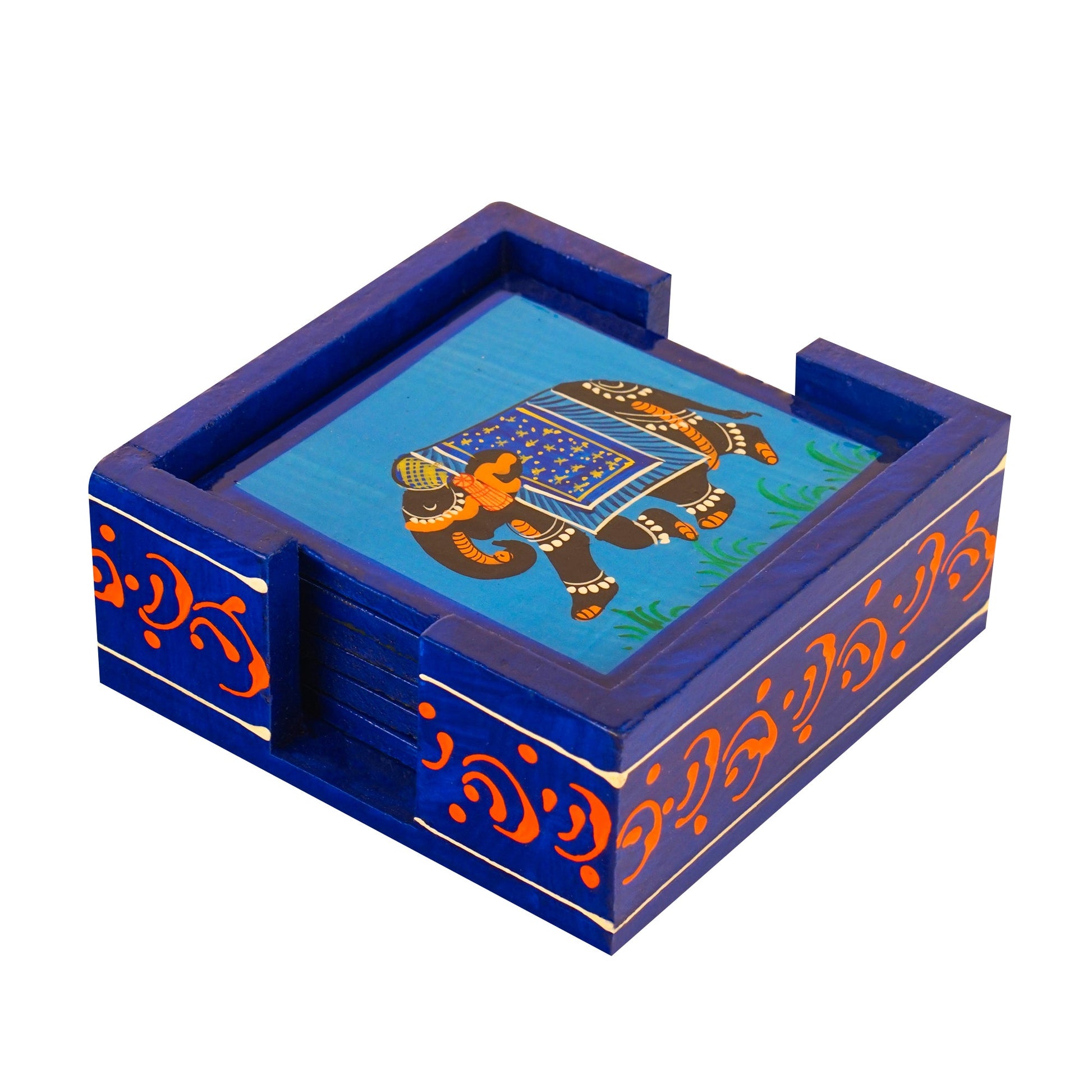 Elephant Hand Painted Tea Coasters 4 Pcs Set - Blue