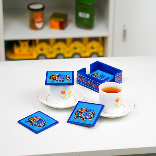 Elephant Hand Painted Tea Coasters 4 Pcs Set - Blue