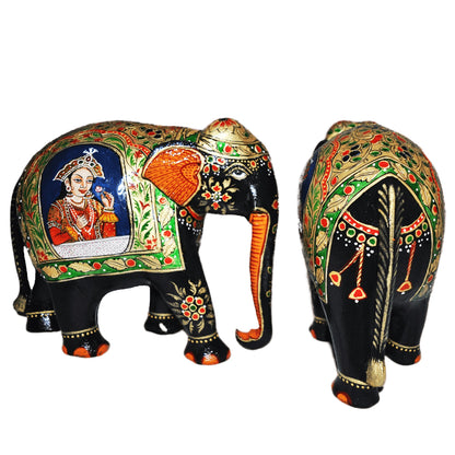 Wooden Mughal Art Elephant Home Decor Height 8 Inch