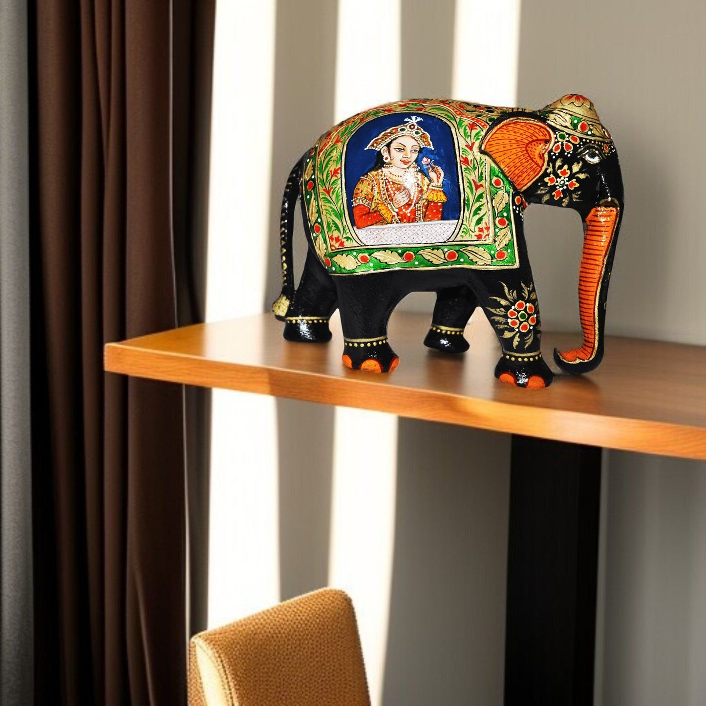 Wooden Mughal Art Elephant Home Decor Height 8 Inch Pair