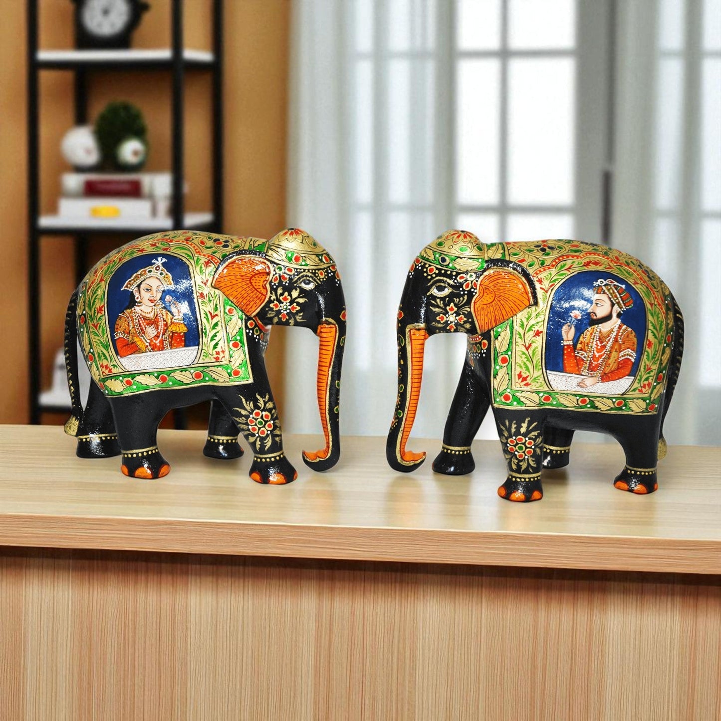 Wooden Mughal Art Elephant Home Decor Height 8 Inch Pair