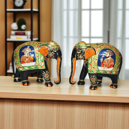 Wooden Mughal Art Elephant Home Decor Height 8 Inch Pair