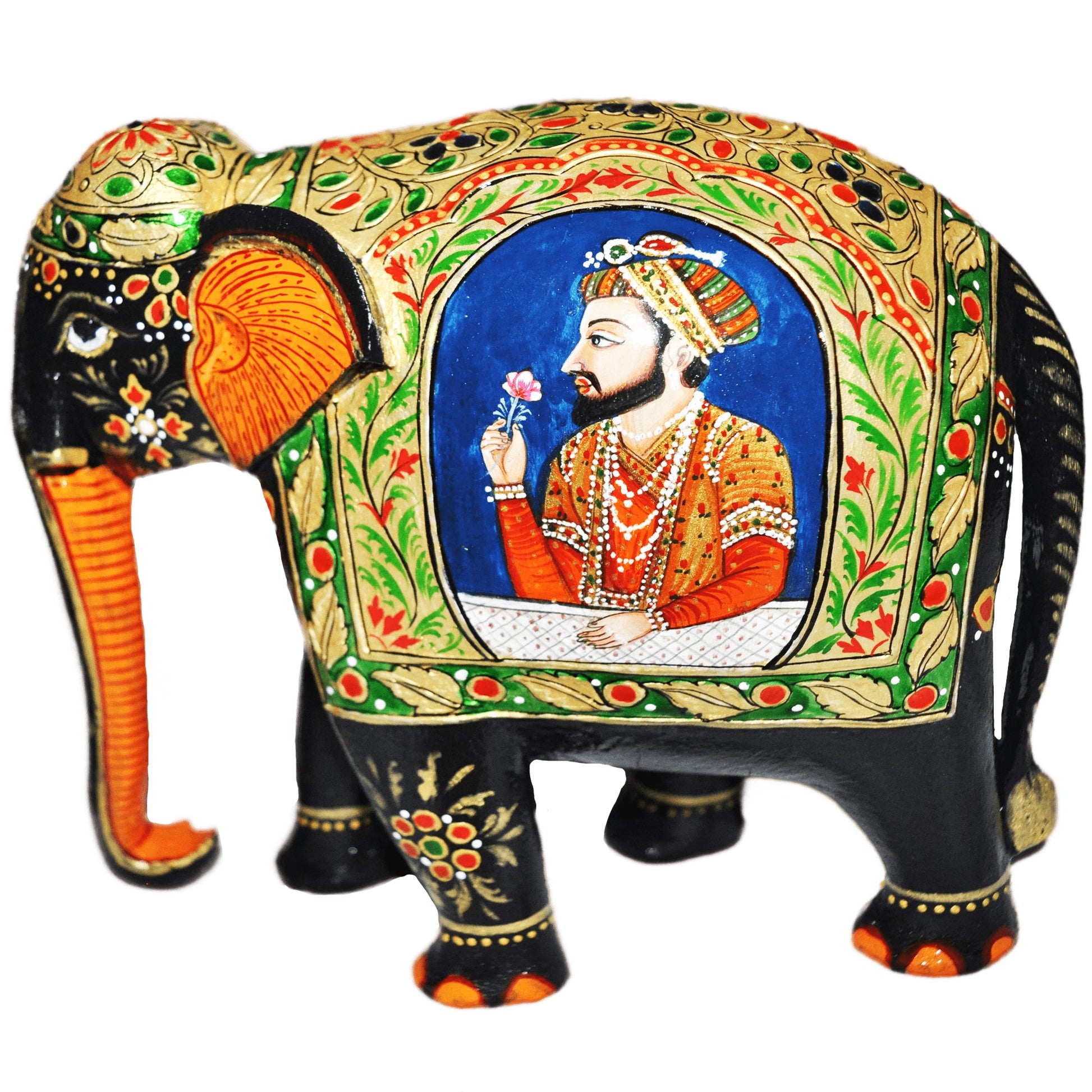 Wooden Mughal Art Elephant Home Decor Height 8 Inch